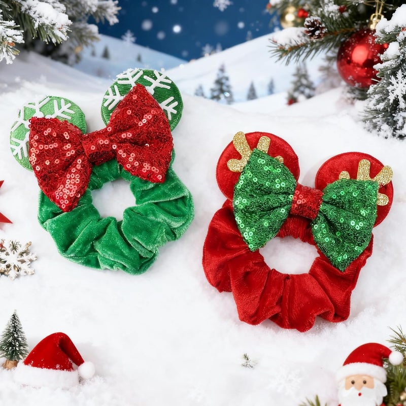 CellElection 2 Pack Mouse Ears Christmas Scrunchies Sequin Mouse Bows Velvet Hair Scrunchies Hair Ties Elastic Rubber Bands Ponytail Holders for Kids Women Girls Christmas - Image 2